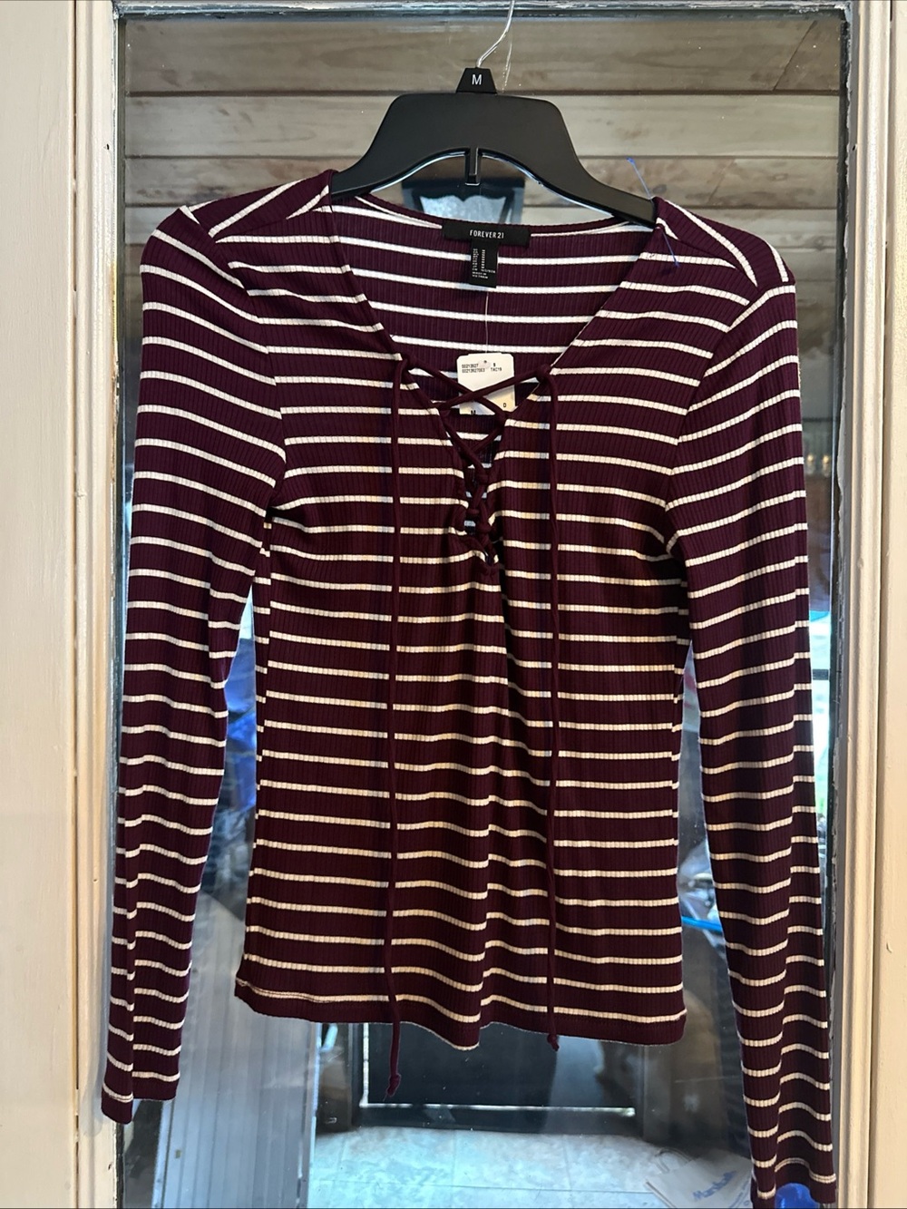 Forever 21 Burgundy and White Striped Lace-Up Long Sleeve Top NWT